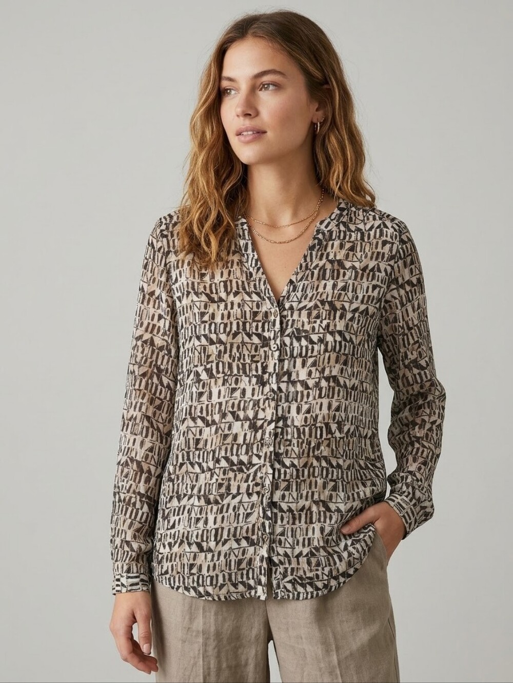 Soyaconcept Cream Brown Boho Geometric Print Button Up Blouse Small